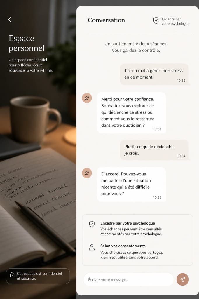 Interface de conversation encadrée par le psychologue avec consentements visibles.