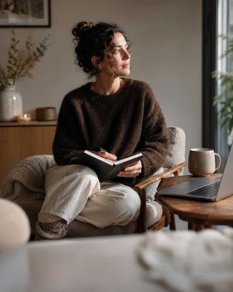Personne assise dans un espace calme avec carnet, ordinateur et lumière naturelle.