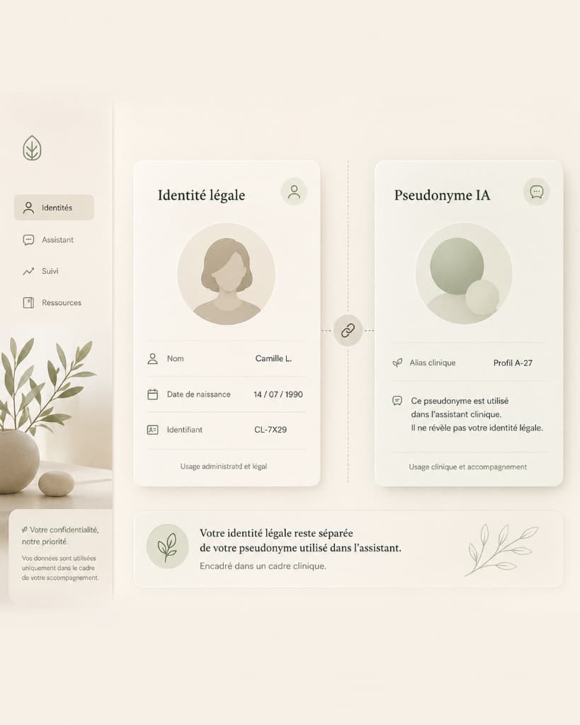 Visualisation de la séparation entre identité légale et pseudonyme IA.