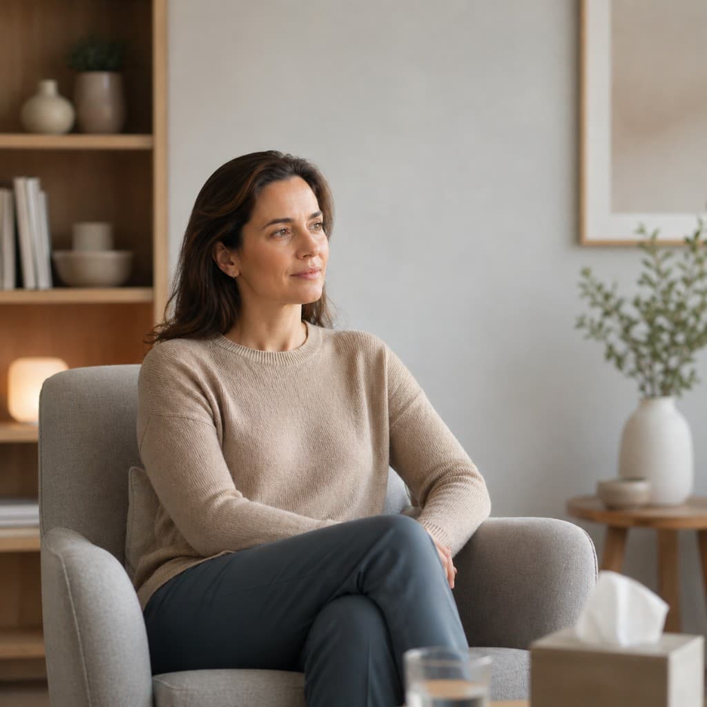 Personne assise dans un espace de consultation calme et accueillant.