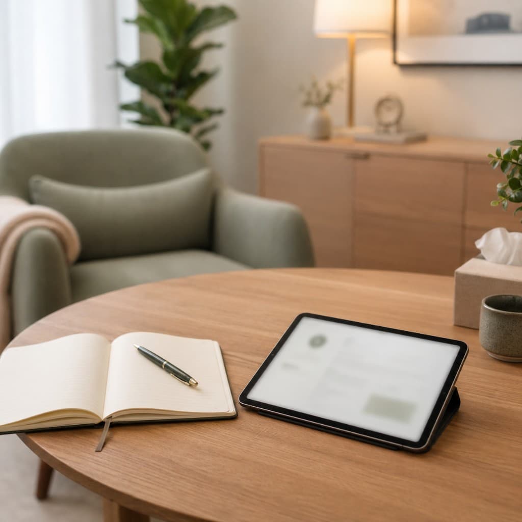 Tablette et carnet posés sur une table dans un bureau thérapeutique calme.