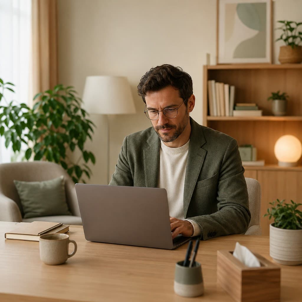 Psychologue travaillant sur un ordinateur dans un bureau clinique chaleureux.
